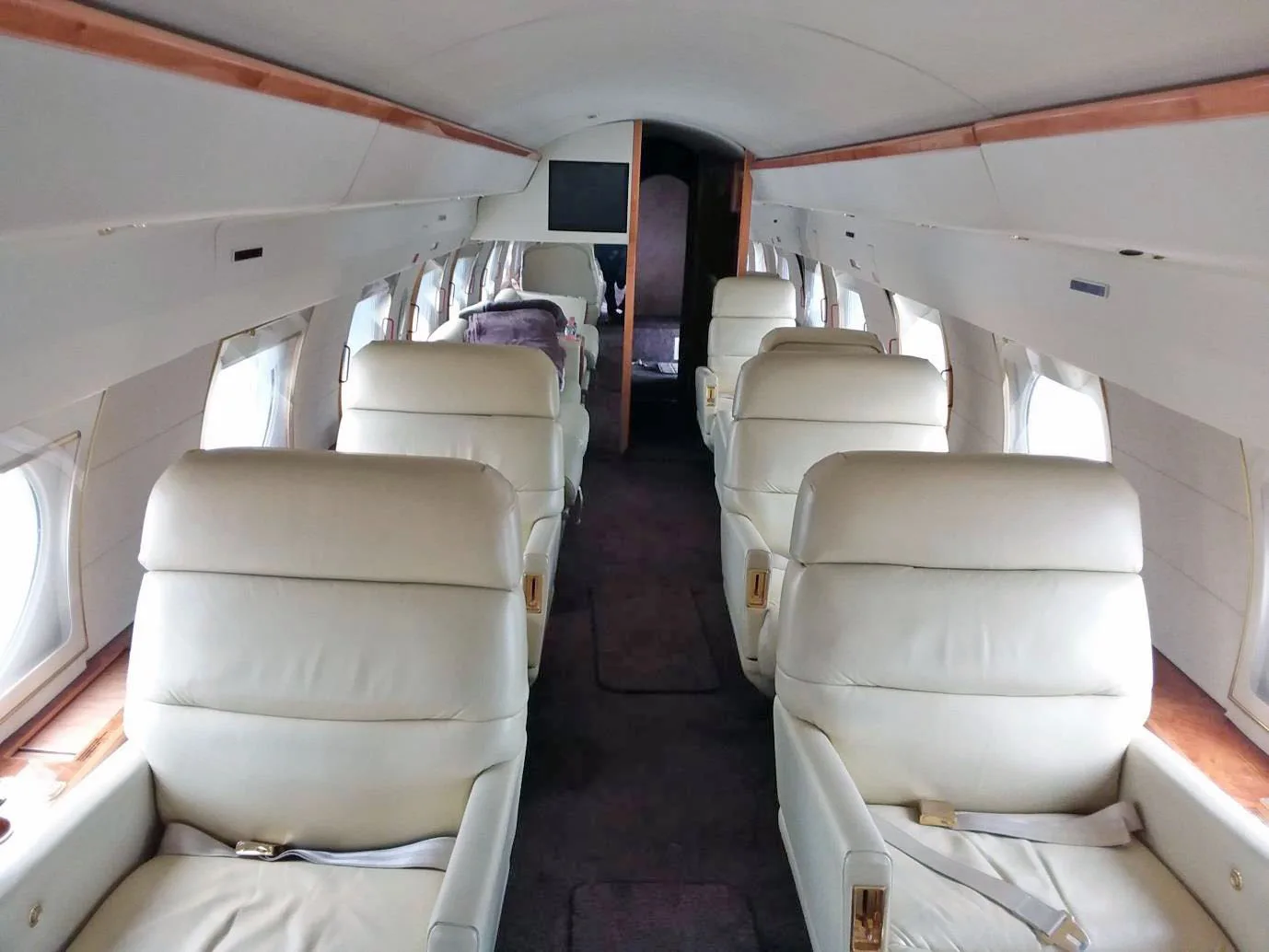 The interior cabin of a private jet, featuring rows of light-colored leather seats and wood trim.