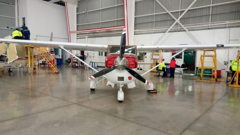 Front view of the Cessna XB-LRD in a hangar.