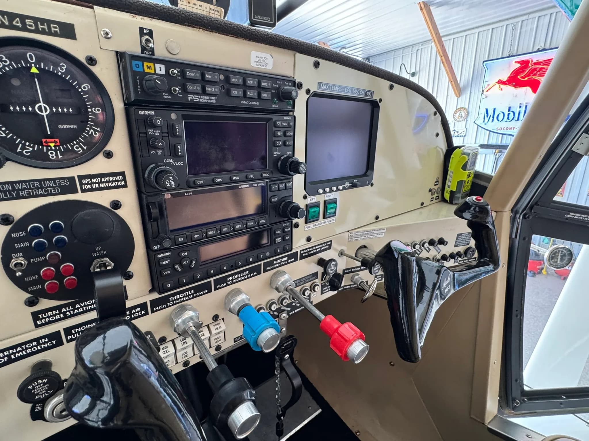 Close-up of the aircraft's instrument panel with avionics and controls.