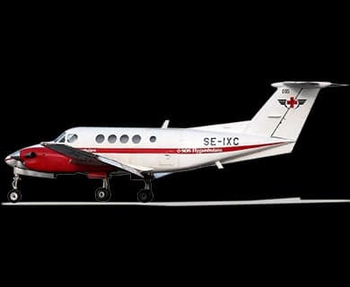 Yellow King Air aircraft with Svensk Flygambulans livery.