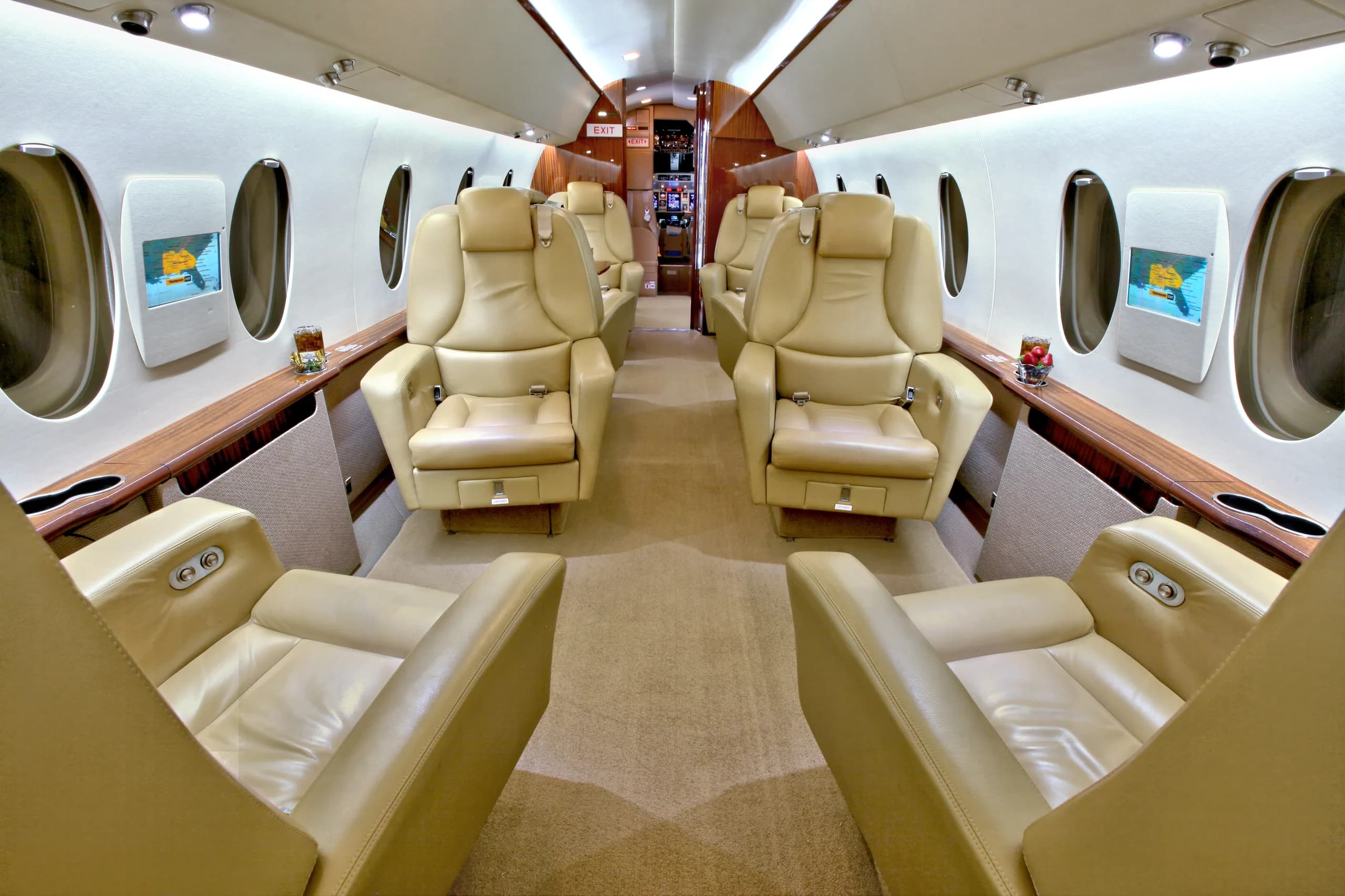 View of the aircraft's interior cabin with leather seats and wood trim.