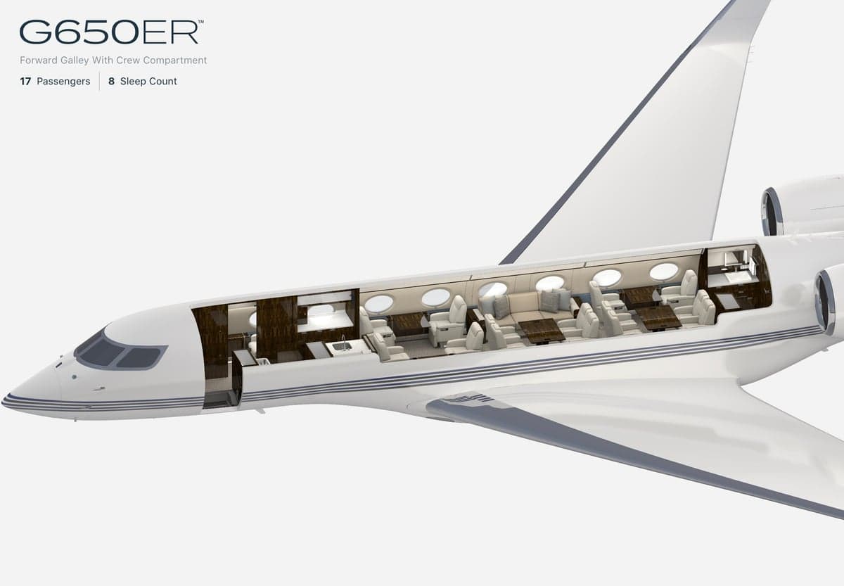 Cutaway diagram of a G650ER showing the cabin interior.