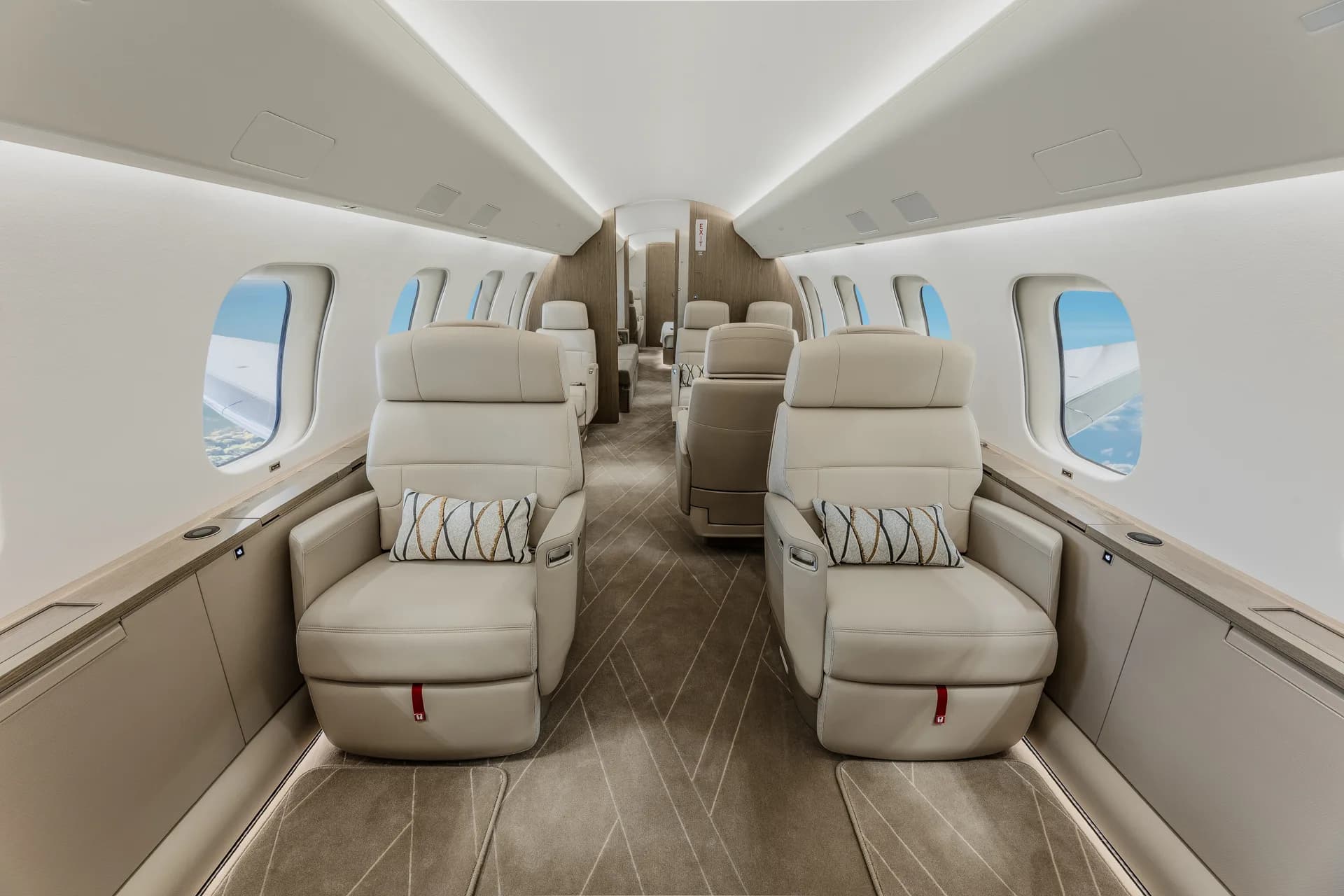 A luxurious private jet cabin with two rows of cream leather seats and patterned pillows.