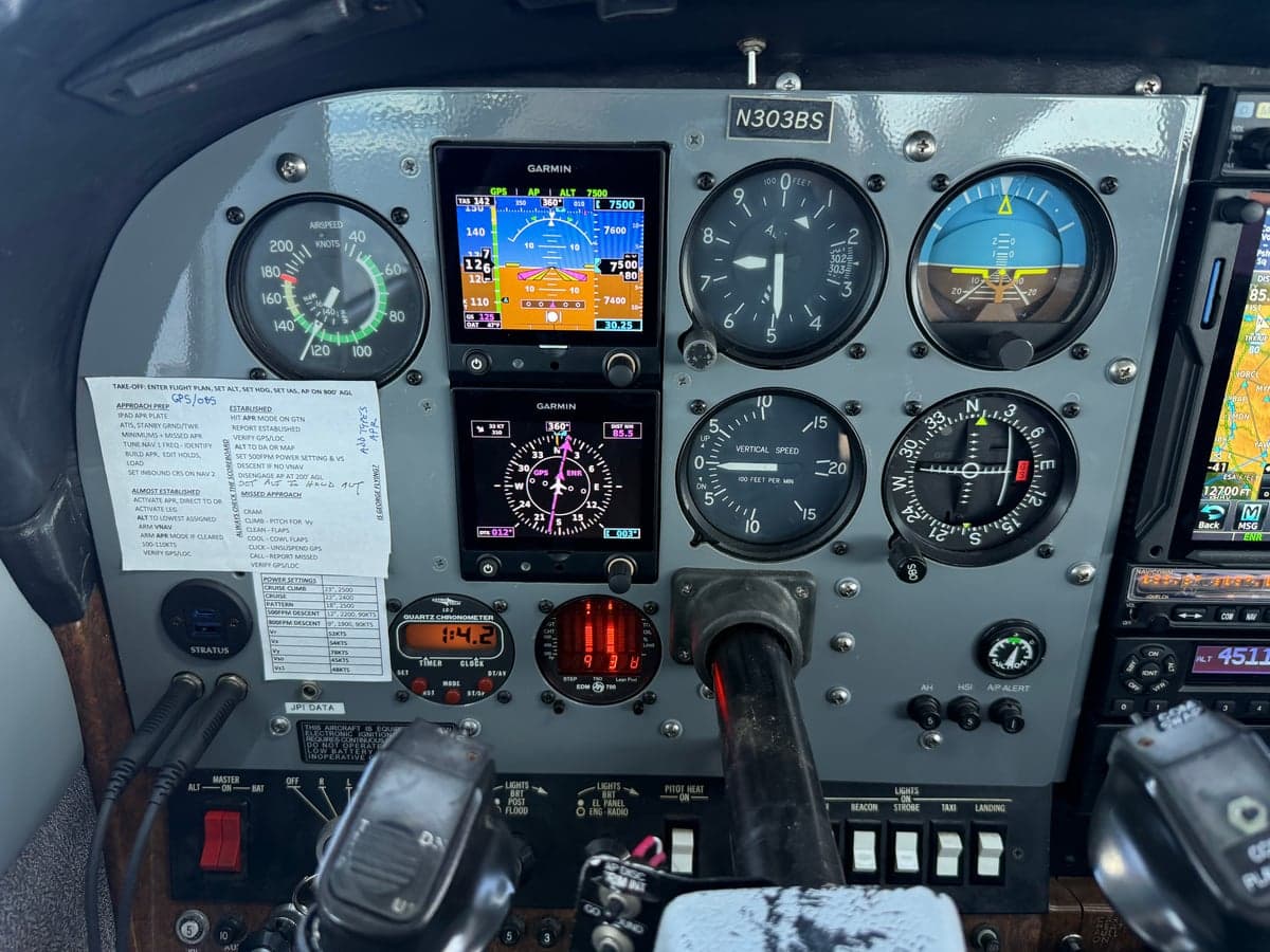 Close-up of the instrument panel in the cockpit of N303BS.