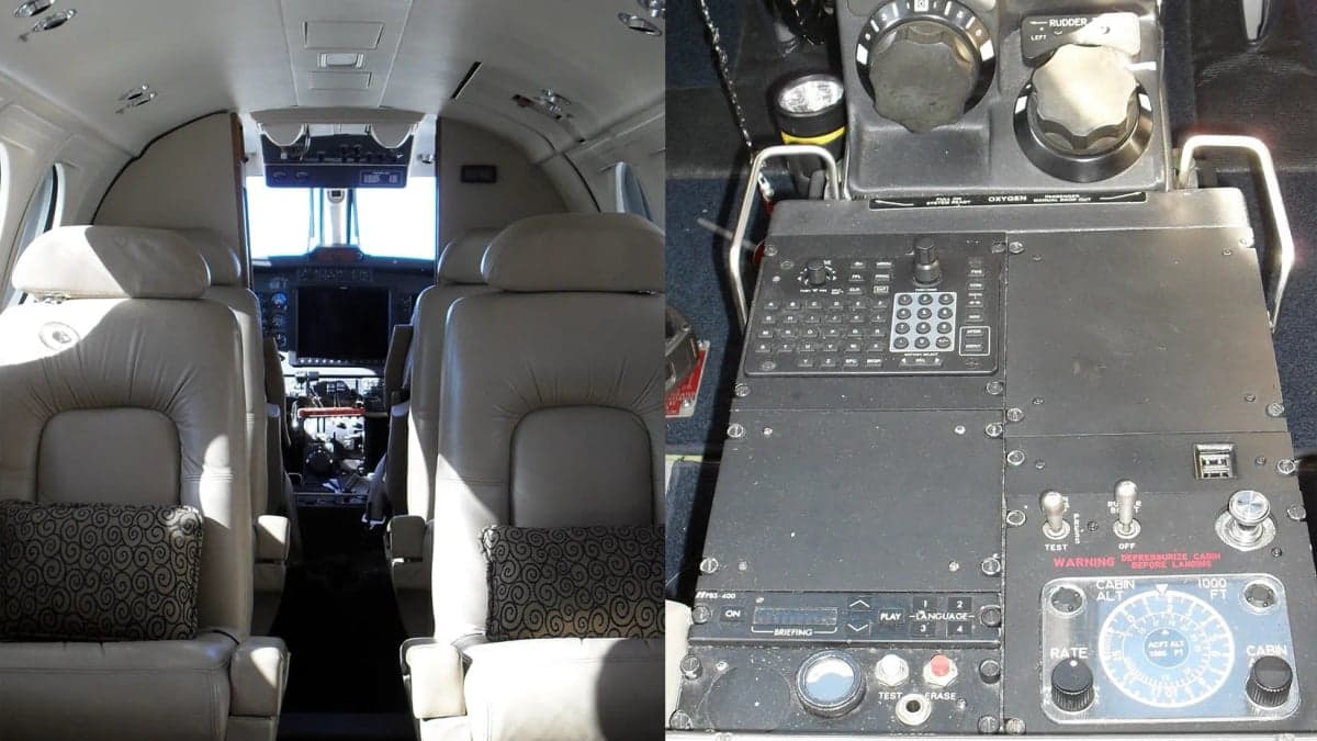 Interior view of the aircraft cabin with leather seats and cockpit.