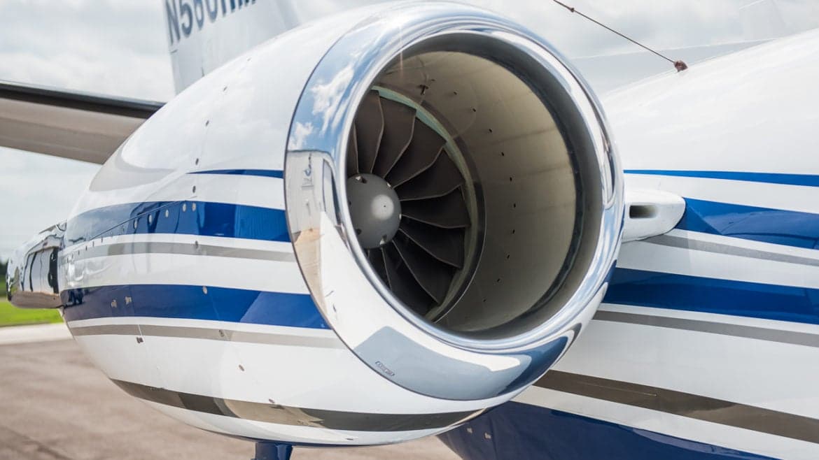 Close up of the engine of a Citation Encore aircraft.