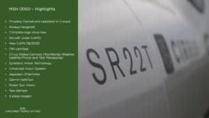 Close-up of the SR22T logo on the side of the aircraft, with text highlighting features.