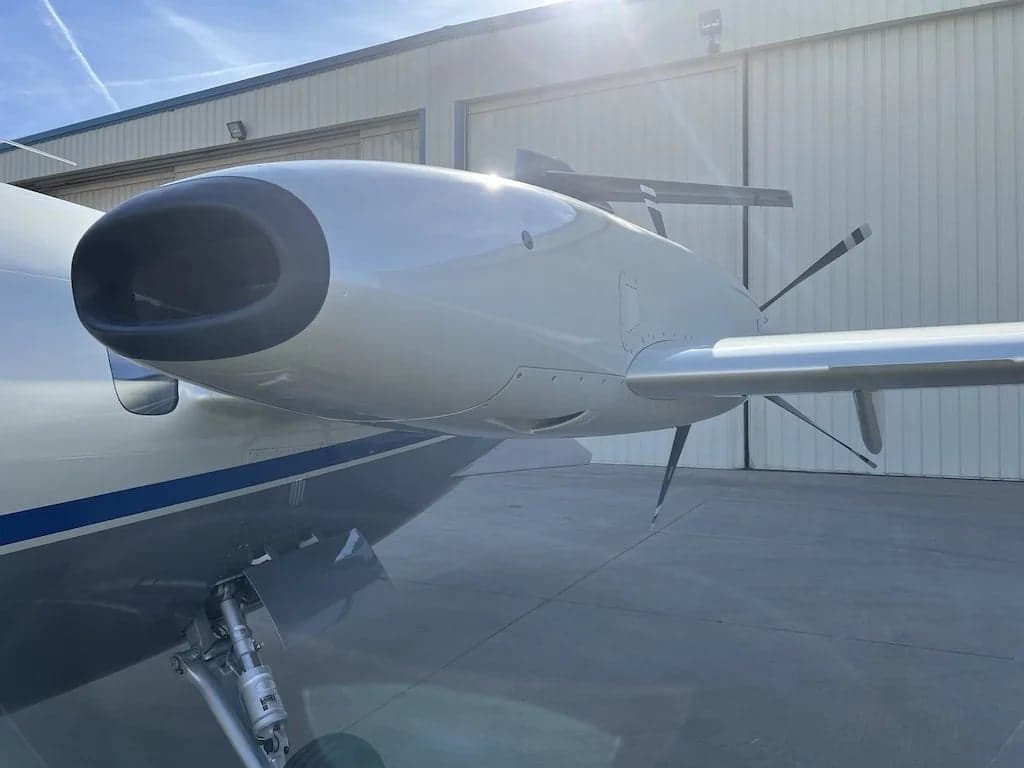 Close-up of the Piaggio Avanti EVO's unique engine and propeller configuration.