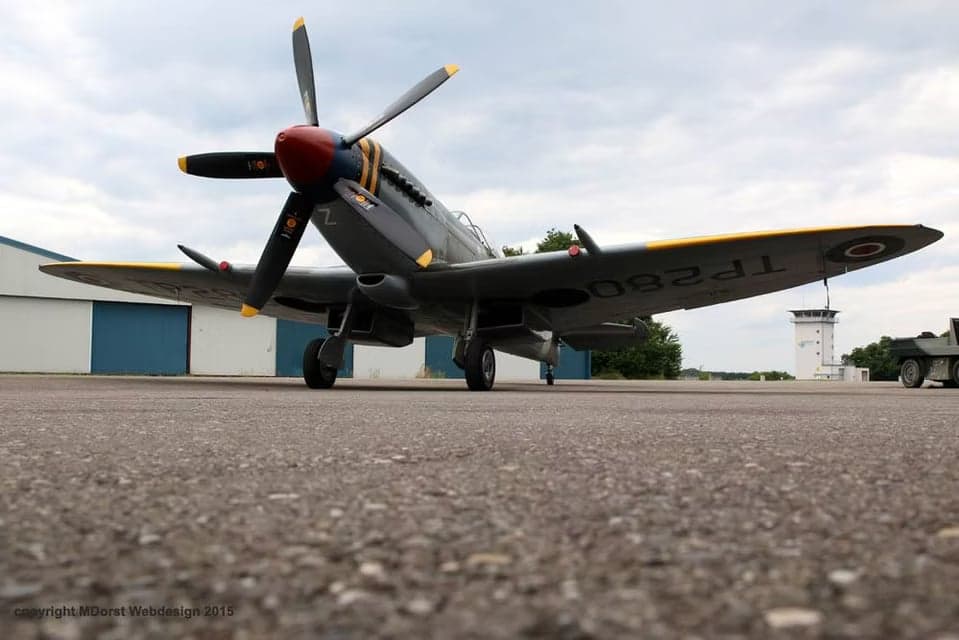 D-FSPT Supermarine Spitfire parked on the tarmac.