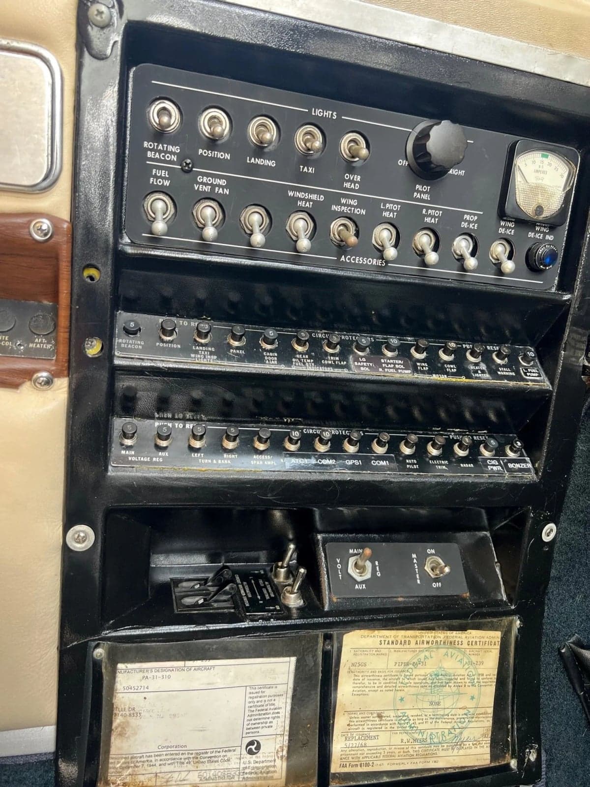 Close-up view of the aircraft's cockpit controls and levers.