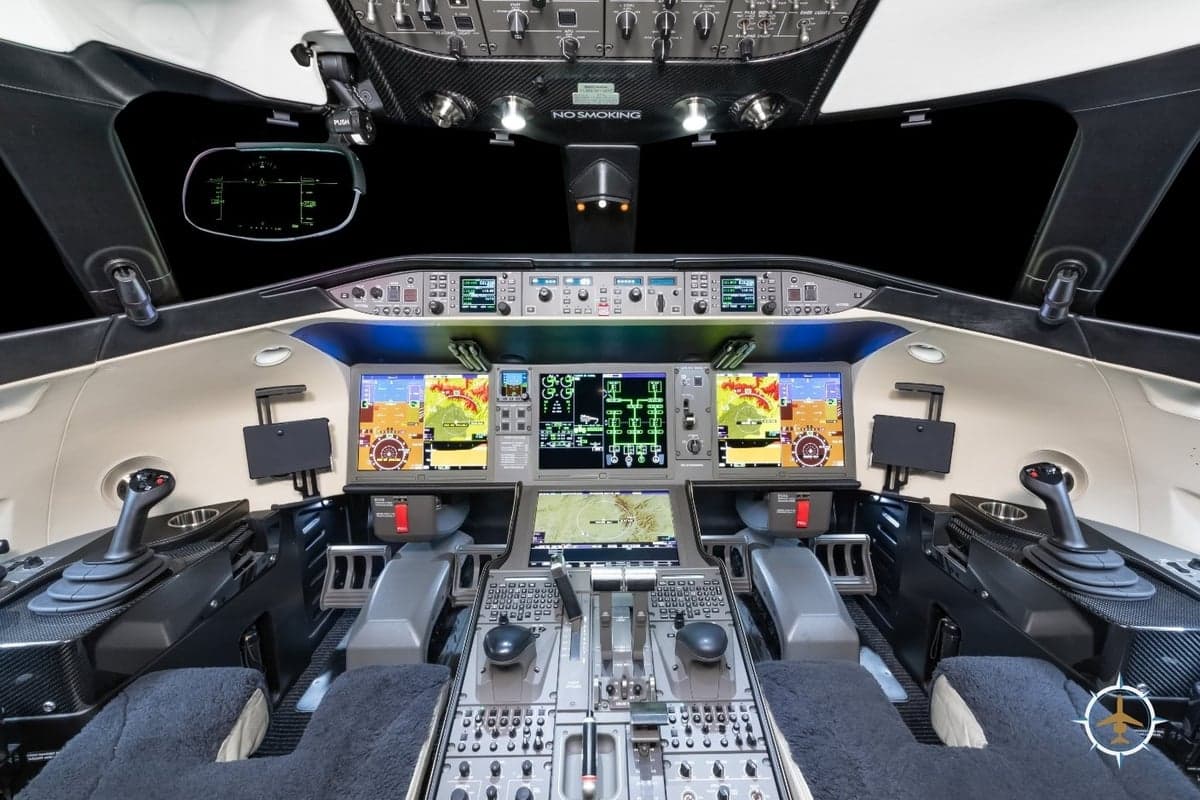The cockpit of a Bombardier Global Express aircraft features advanced avionics and controls.