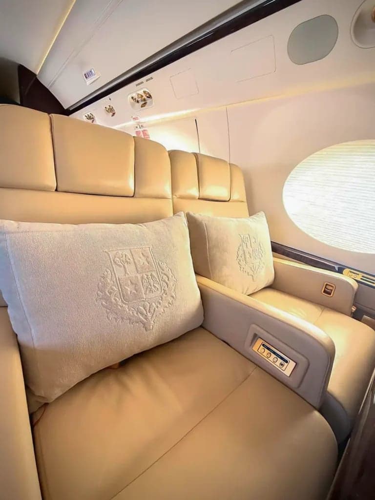 Close-up of a beige leather seat with embroidered pillows in the aircraft cabin.