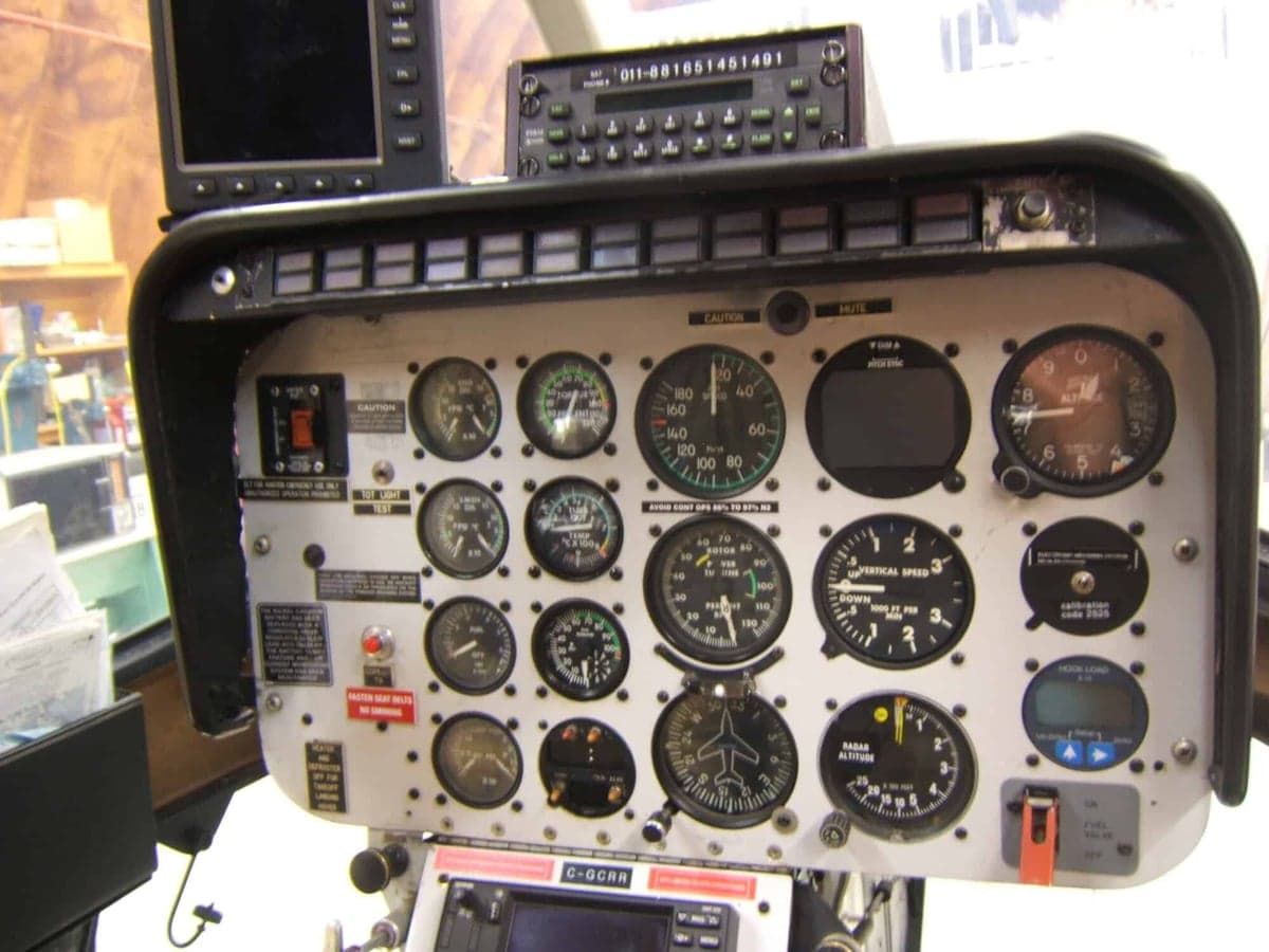 Close up of the instrument panel in a Bell 206L-4 LongRanger helicopter.