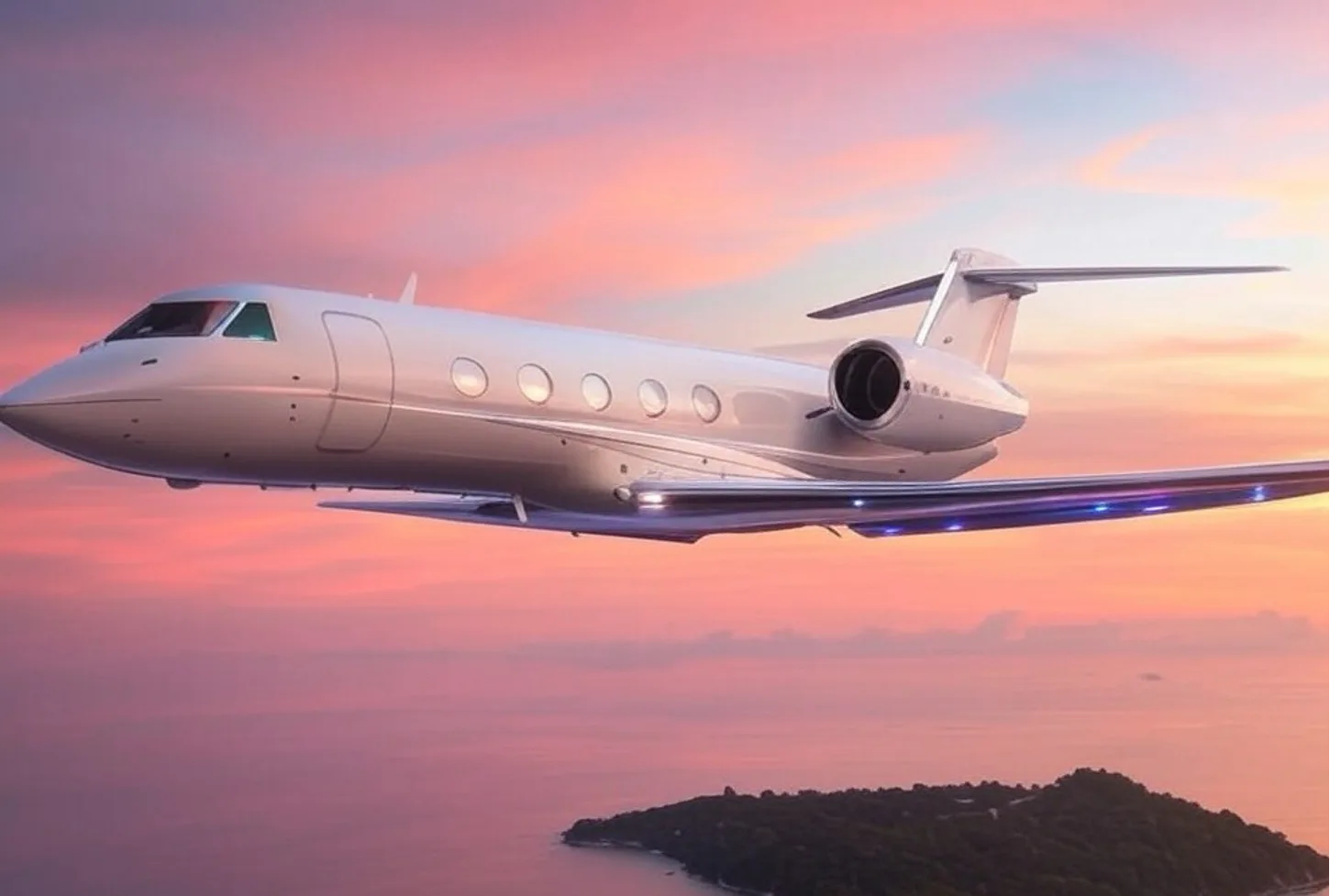 Generic photo of a private jet in flight at sunset.