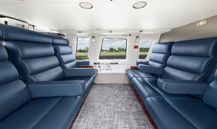 View of the interior cabin with blue leather seats.