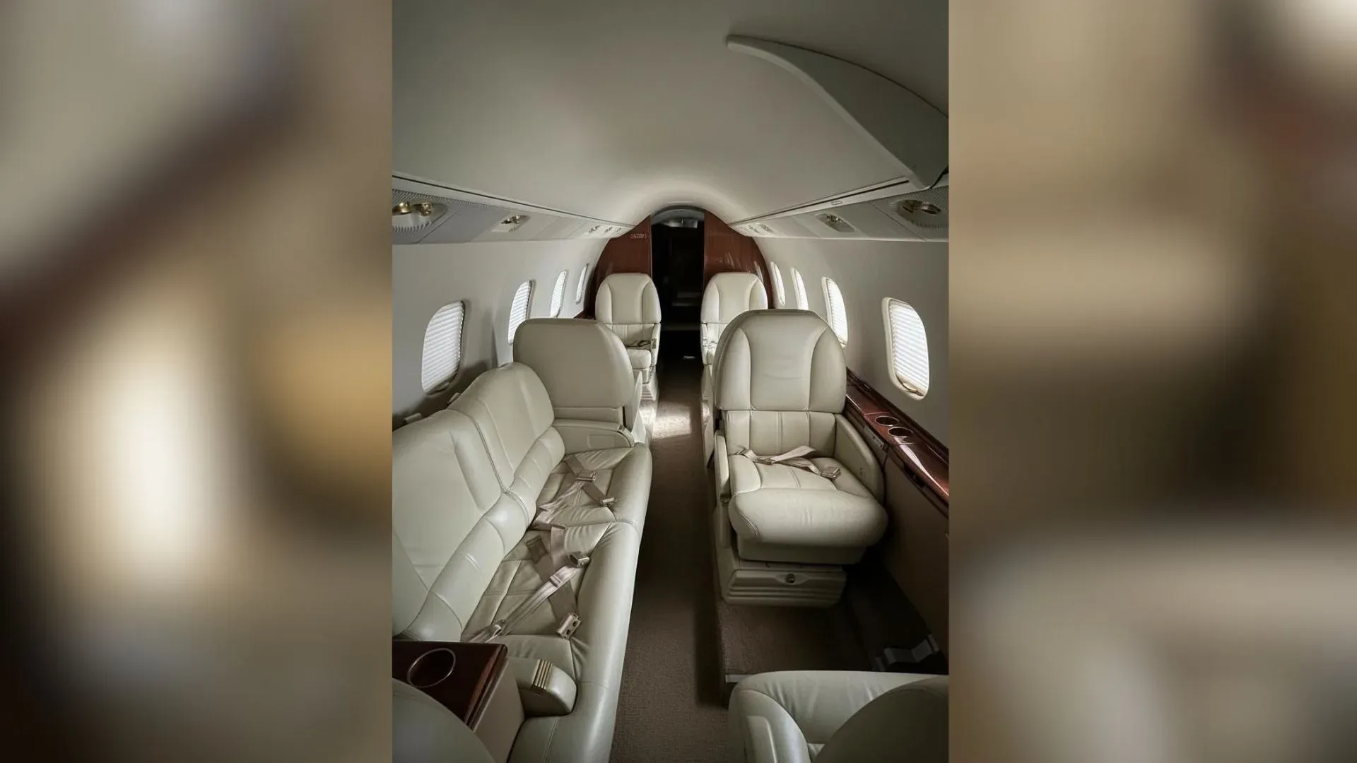 The interior of the aircraft features cream-colored leather seats and wood trim.