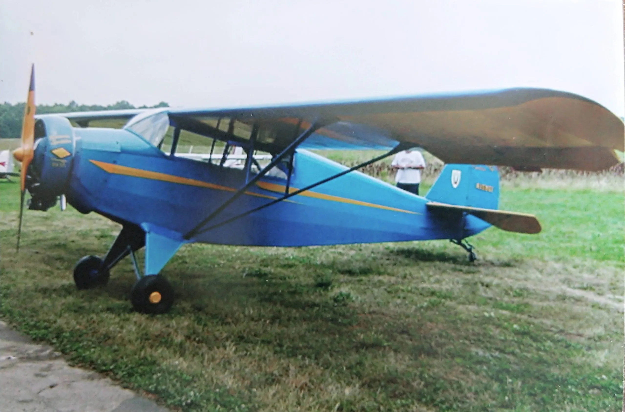 A blue and yellow aircraft is parked on a grassy field.