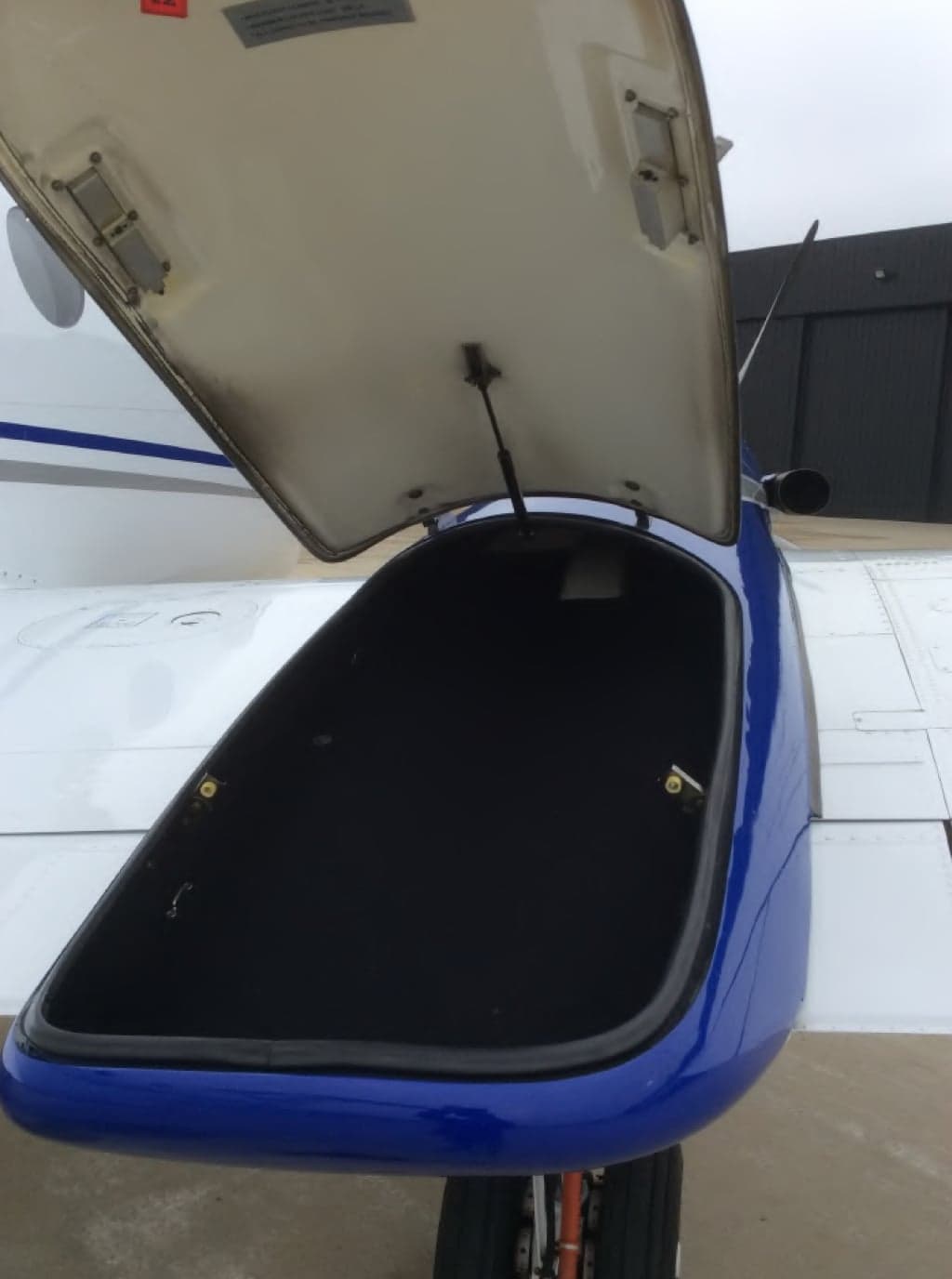 View of the aircraft's open baggage compartment.