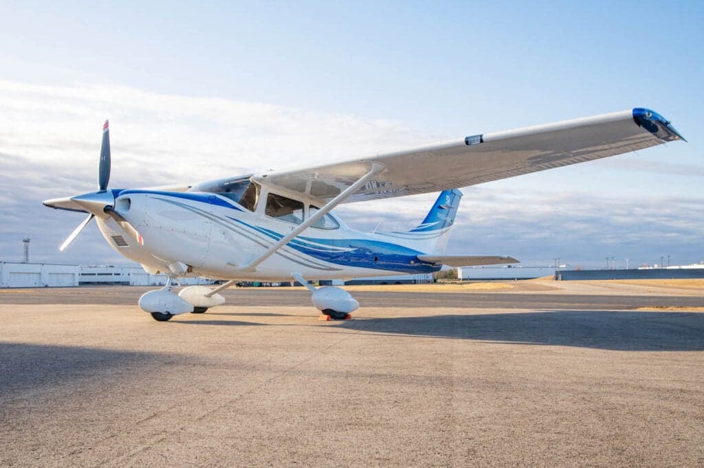 A Cessna Skylane parked on the tarmac.