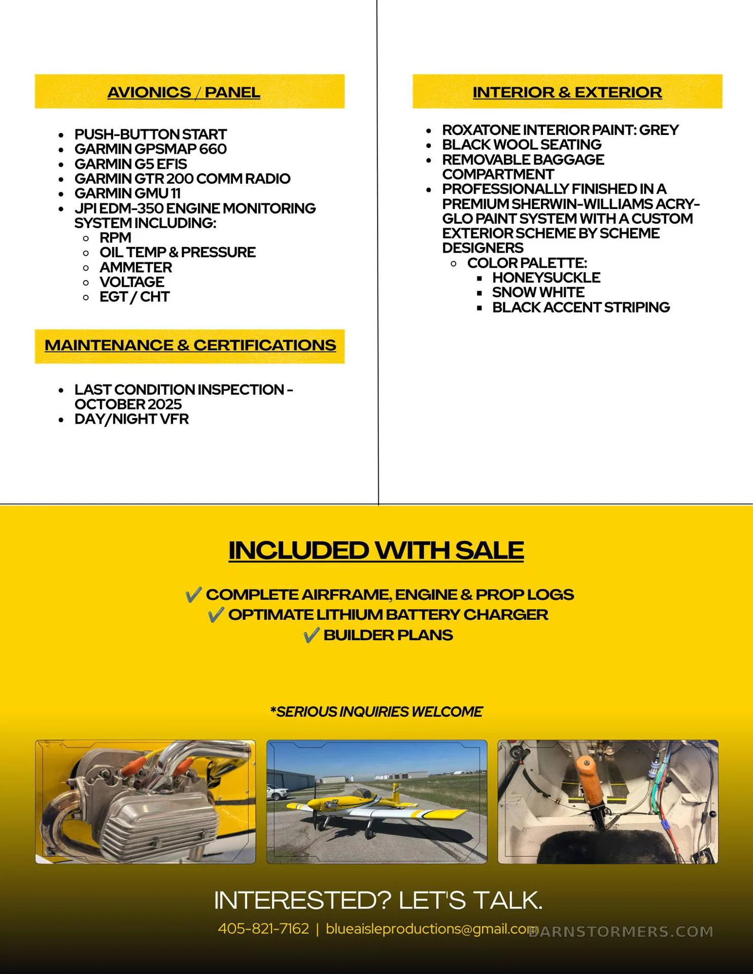 A text-based information sheet detailing avionics, interior, maintenance, and included items, with small photos of engine components and a yellow aircraft on the ground.