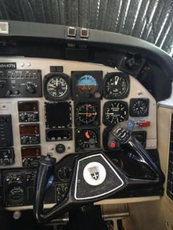 Close-up of the King Air aircraft cockpit instrument panel and yoke.