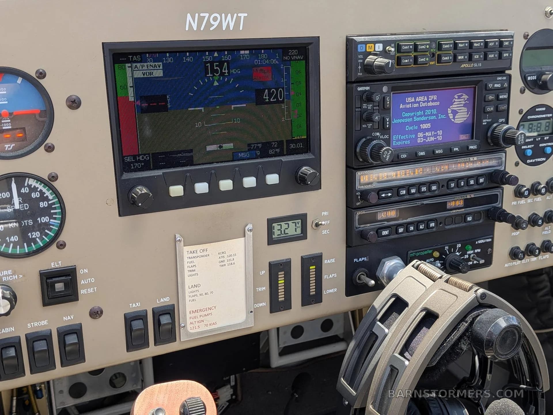 A close-up of the aircraft's instrument panel shows a large digital flight display, various avionics, and toggle switches, with the registration N79WT visible.