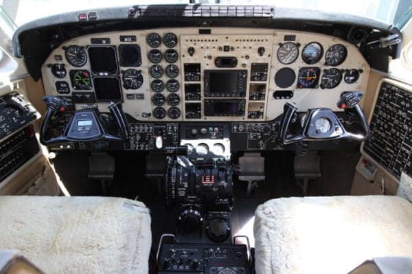 Cockpit view of the Beechcraft King Air 200 instrument panel.