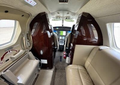 The interior of the Citation CJ3+ aircraft, looking towards the cockpit.
