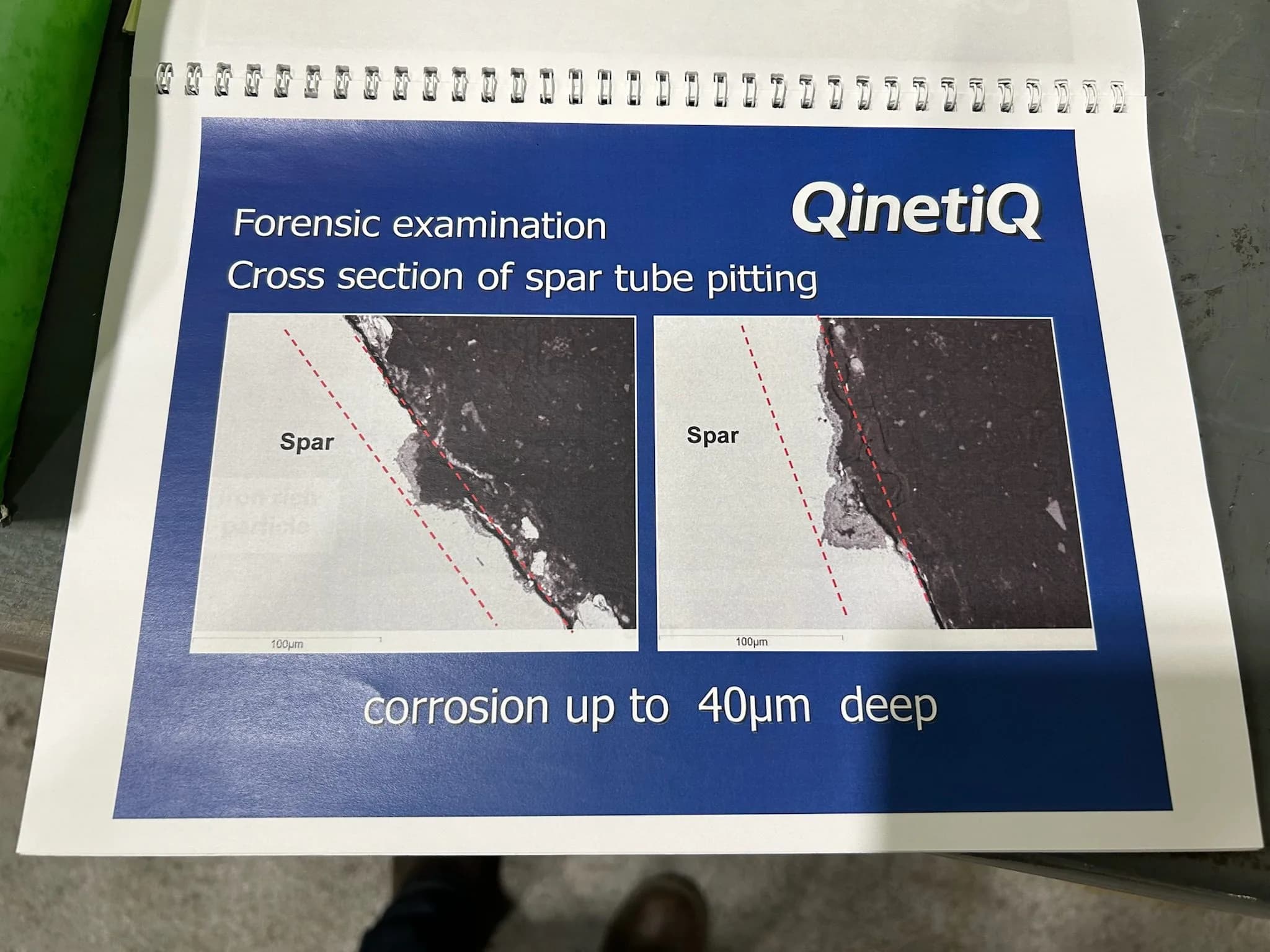 QinetiQ document showing a cross section of spar tube pitting.