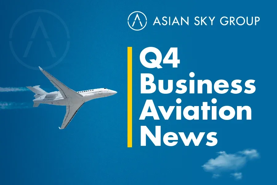 A white business jet with a contrail flies across a blue sky, alongside text "Q4 Business Aviation News".