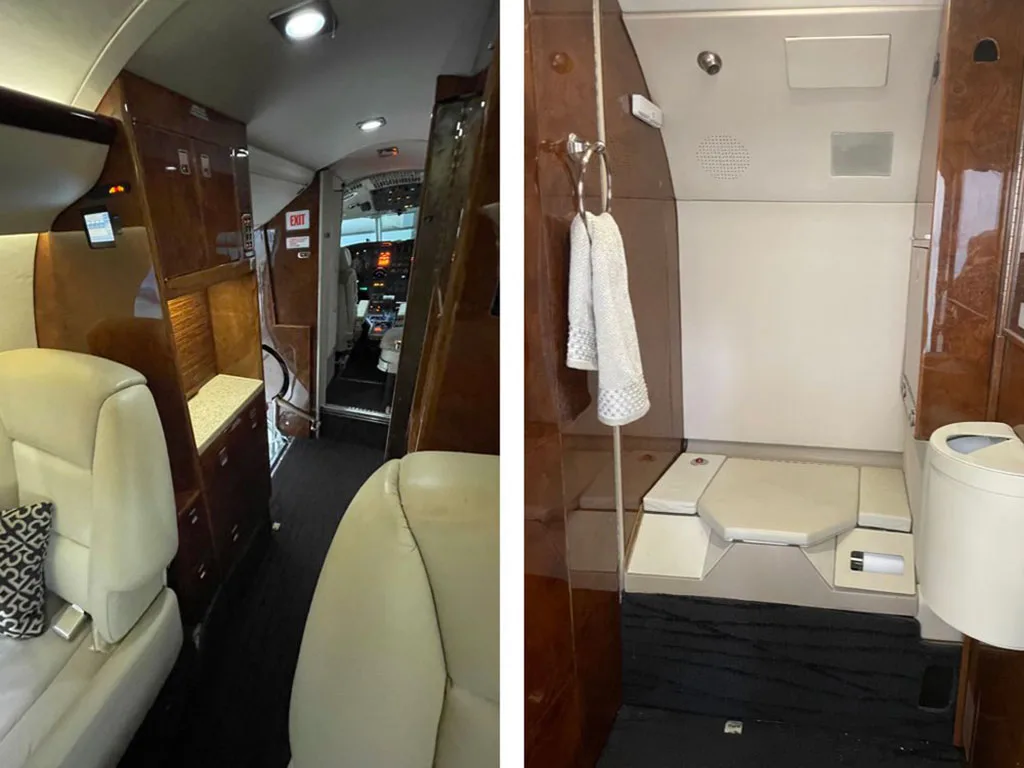 A split image showing the private jet's galley area leading to the cockpit on the left and a compact lavatory on the right.