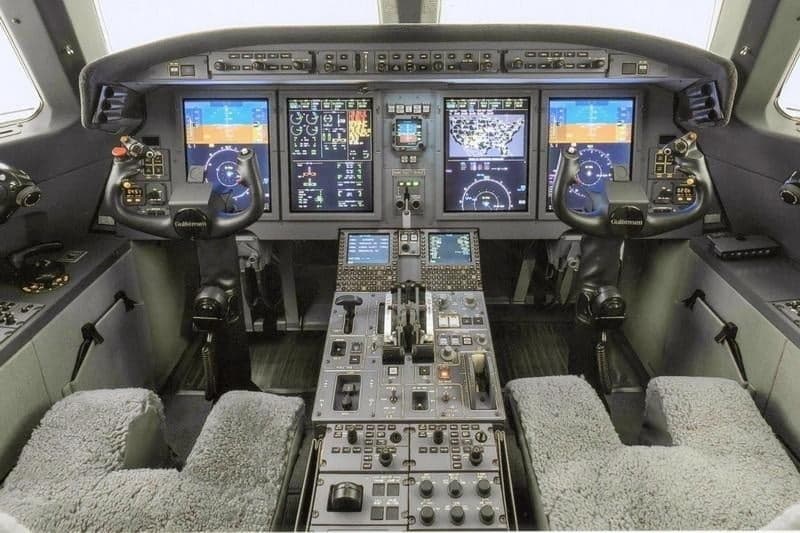 Detailed view of the Gulfstream cockpit instrument panel.