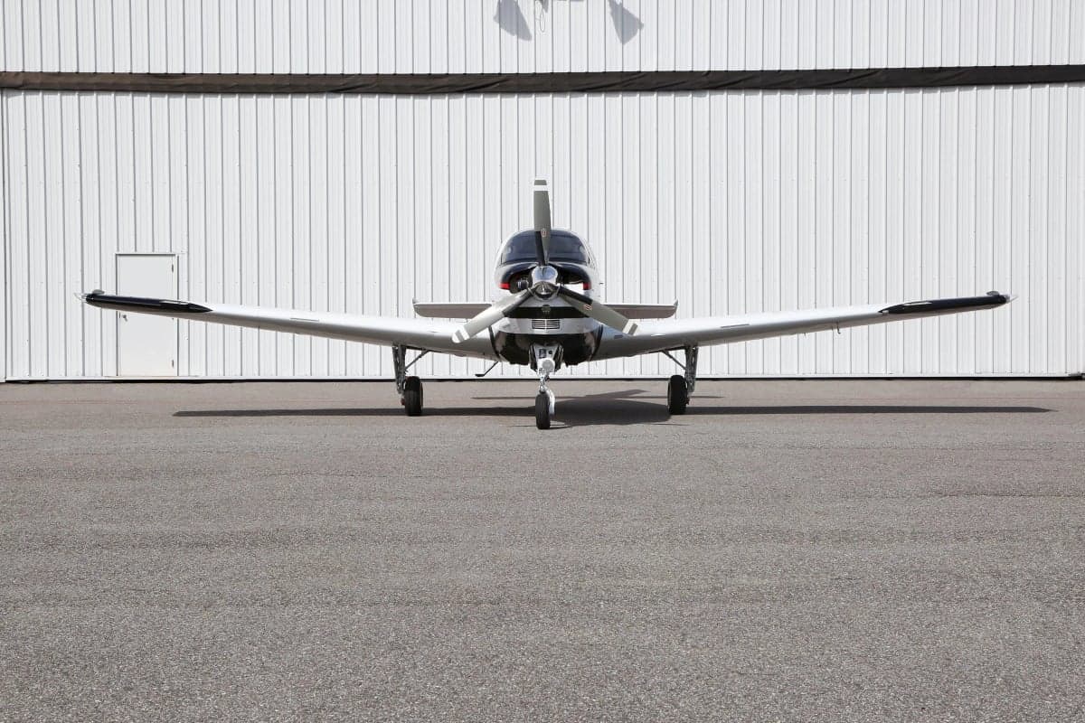 Front view of a Beechcraft Bonanza G36 parked on the tarmac.