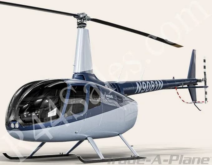 A blue and white Robinson R66 helicopter with registration N9DB3N, viewed from the front-side against a plain background.