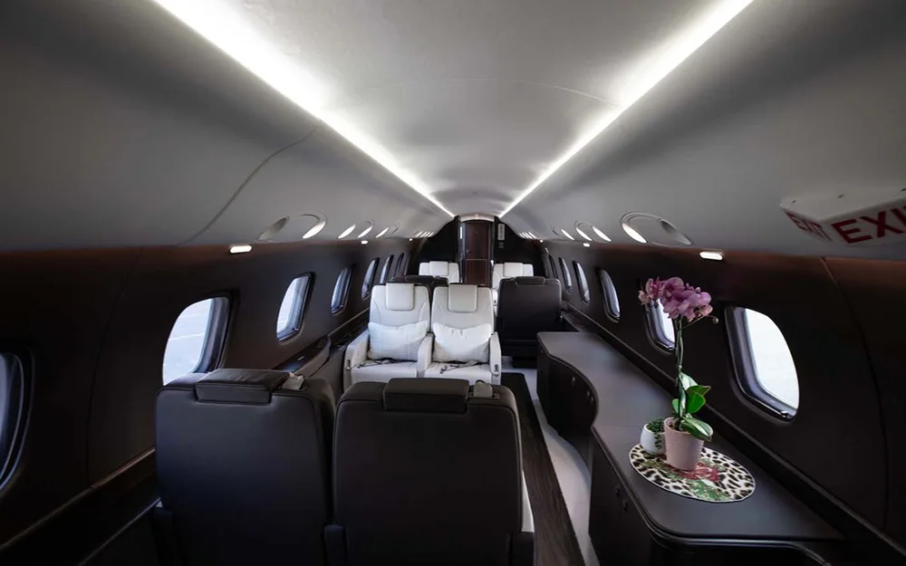 View down the aisle of a private jet cabin, showing multiple rows of seats and a small table with a plant.