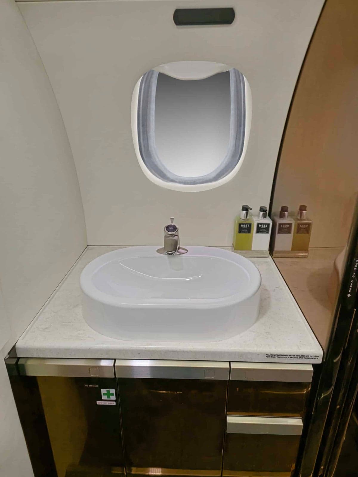 A lavatory sink and amenities inside the aircraft.
