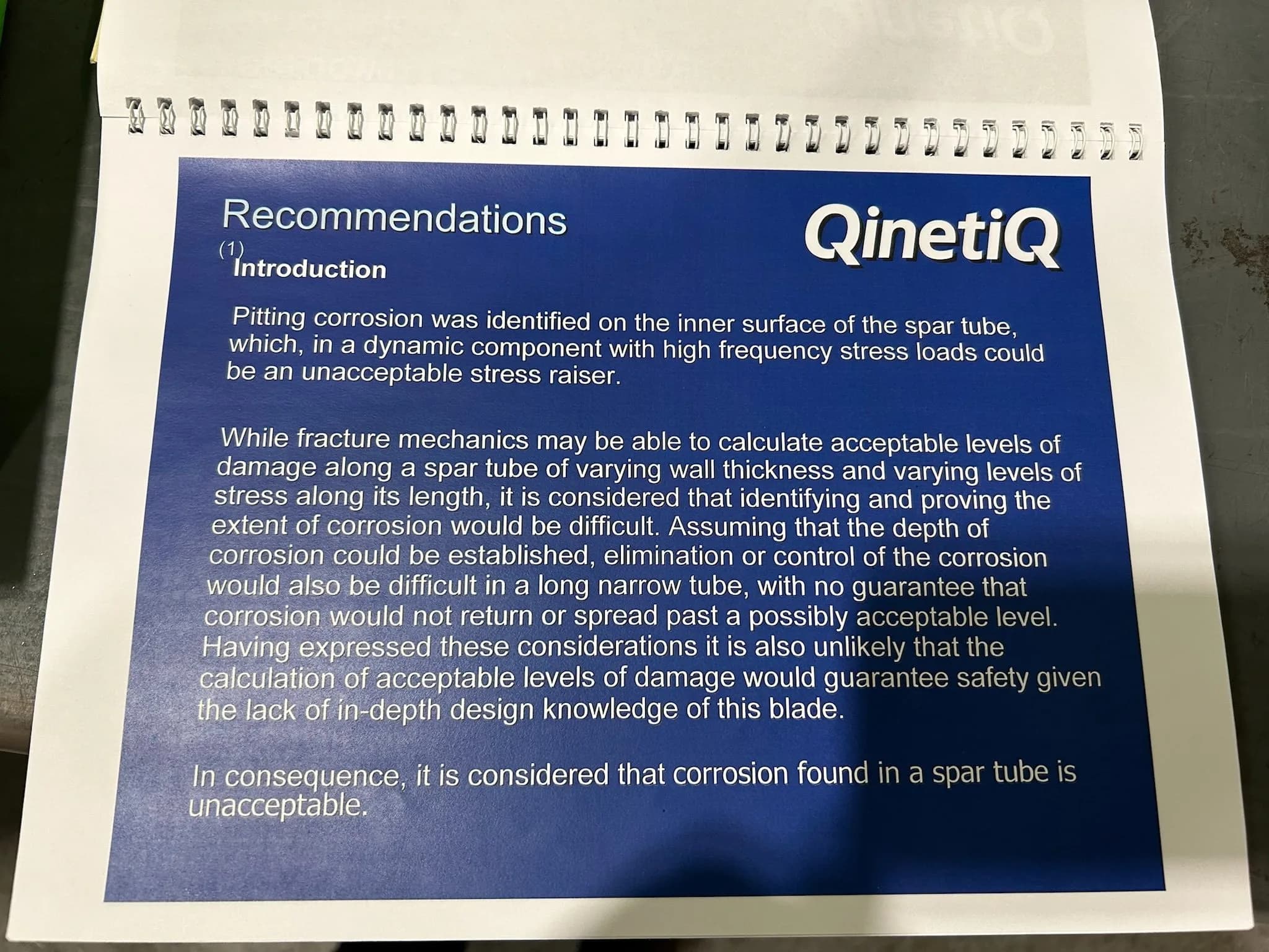QinetiQ document with recommendations regarding pitting corrosion.
