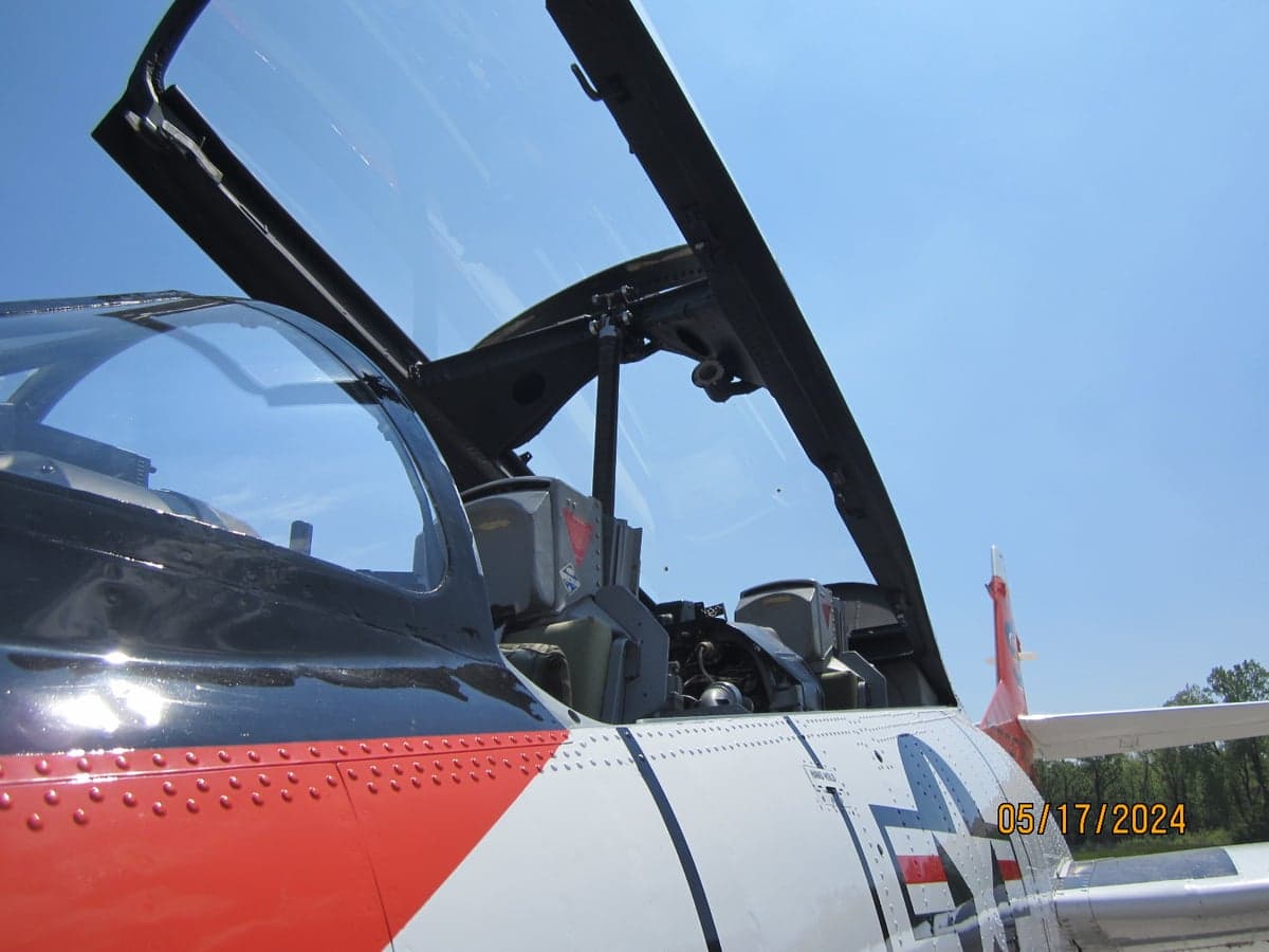 View of the T-2B Buckeye aircraft's cockpit with ejection seats.