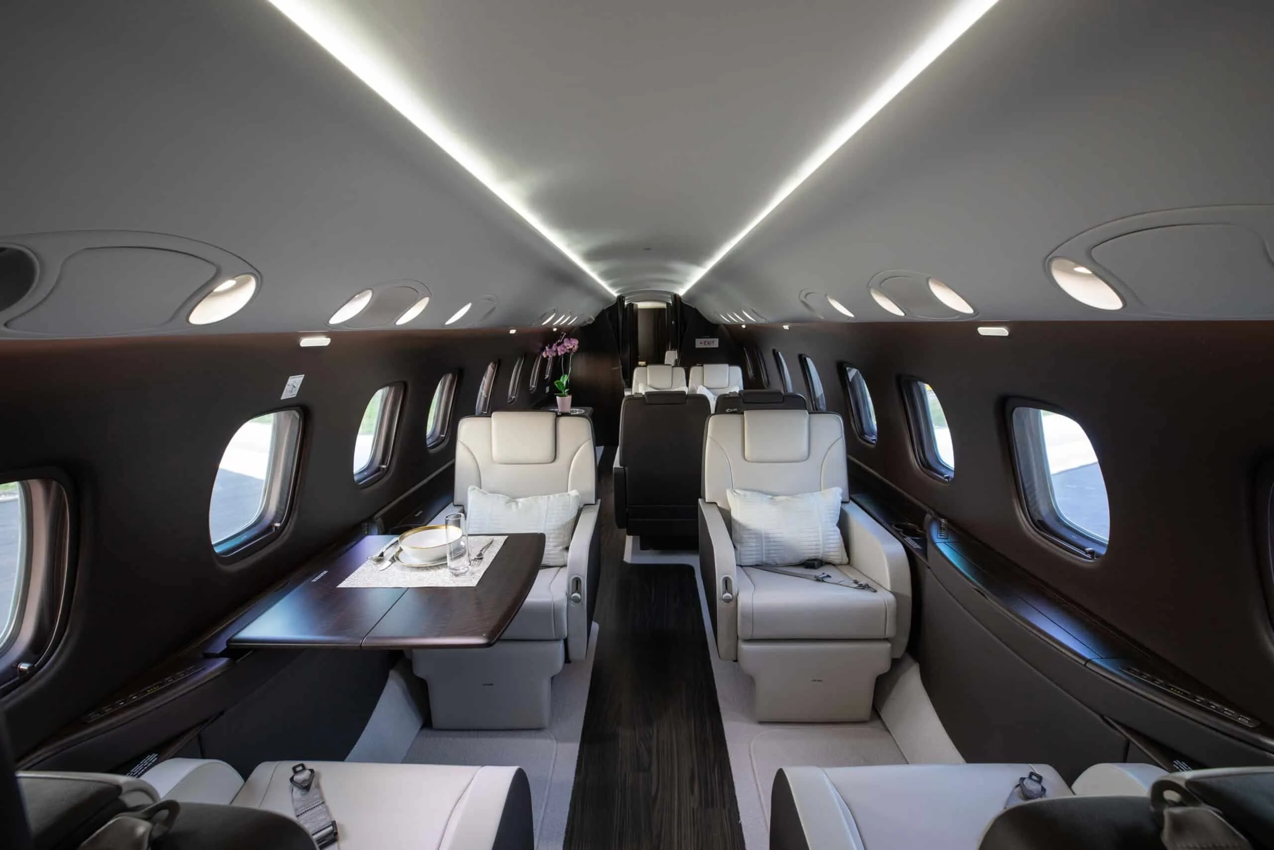 A wide view of the aircraft's elegant cabin, showing multiple seating arrangements and overhead lighting.