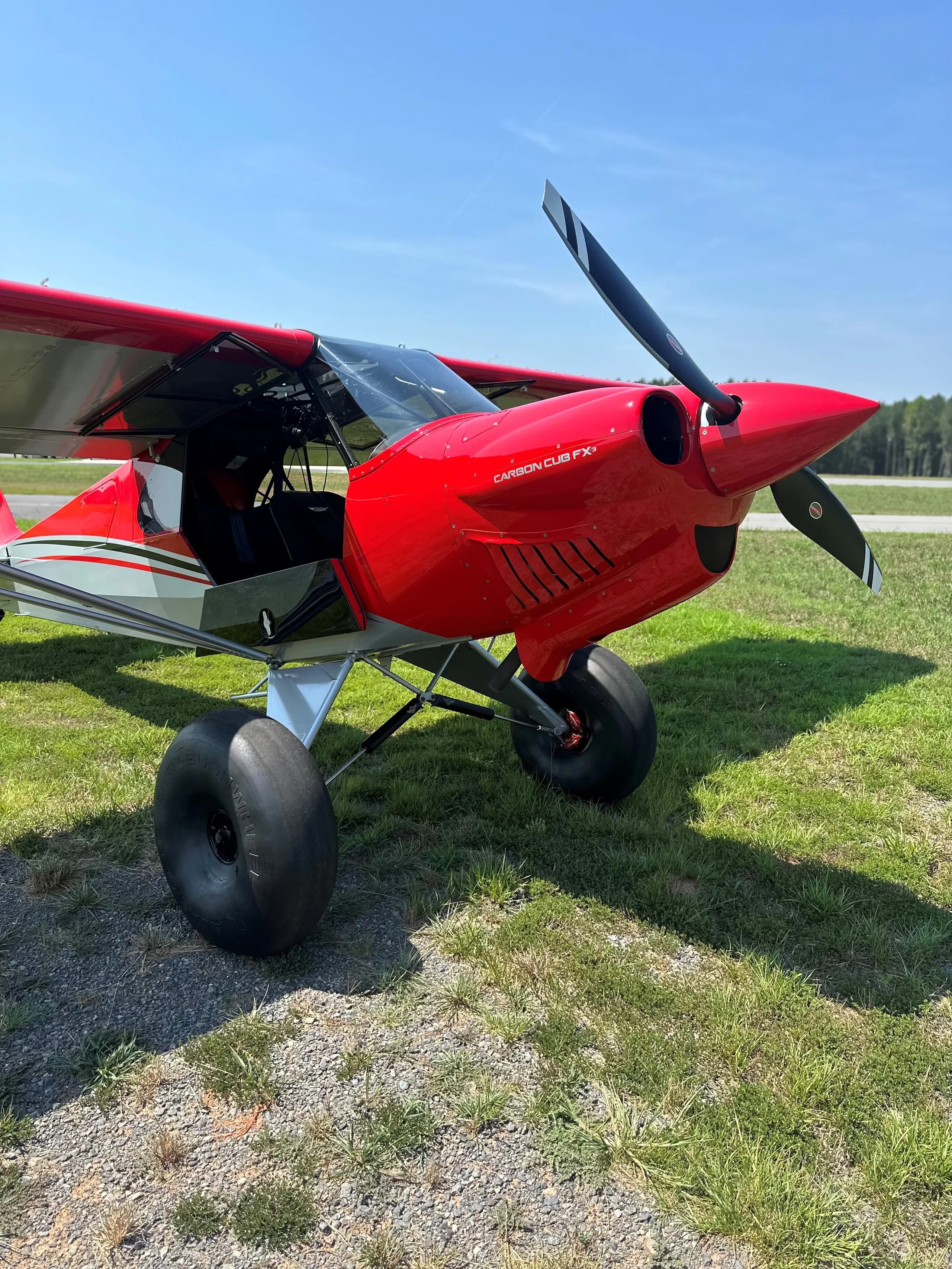 A red and silver Carbon Cub FX-3 on a grassy field.