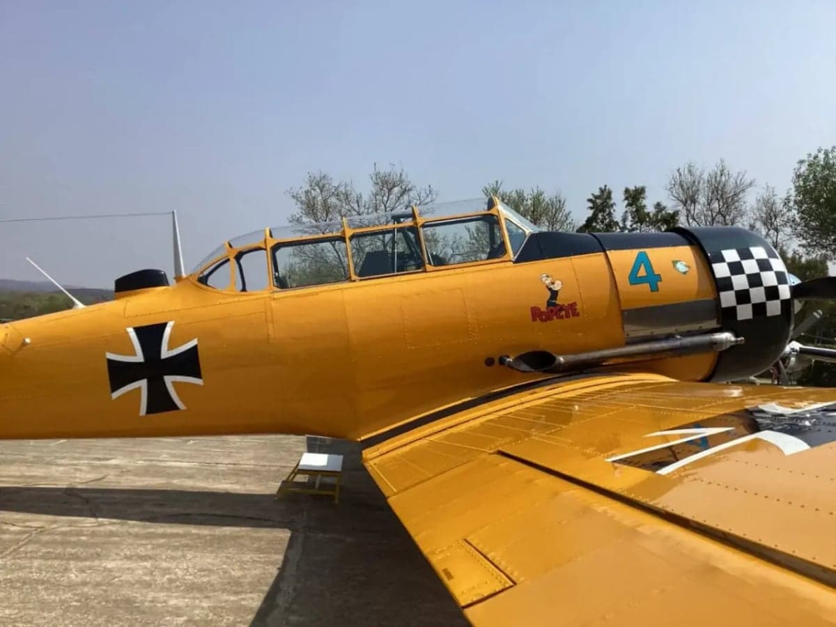 Side view of a yellow T-6 Texan aircraft with a Popeye cartoon on the fuselage.
