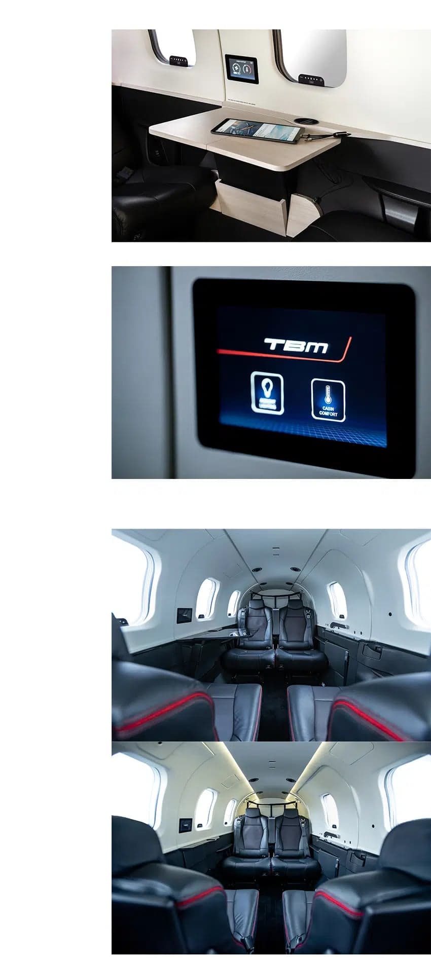 Three views of the aircraft interior, showing a cabin table, a control screen, and rows of black leather seats.