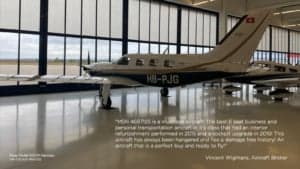 Piper PA-46-500TP Meridian aircraft with registration HB-PJG parked inside a hangar.
