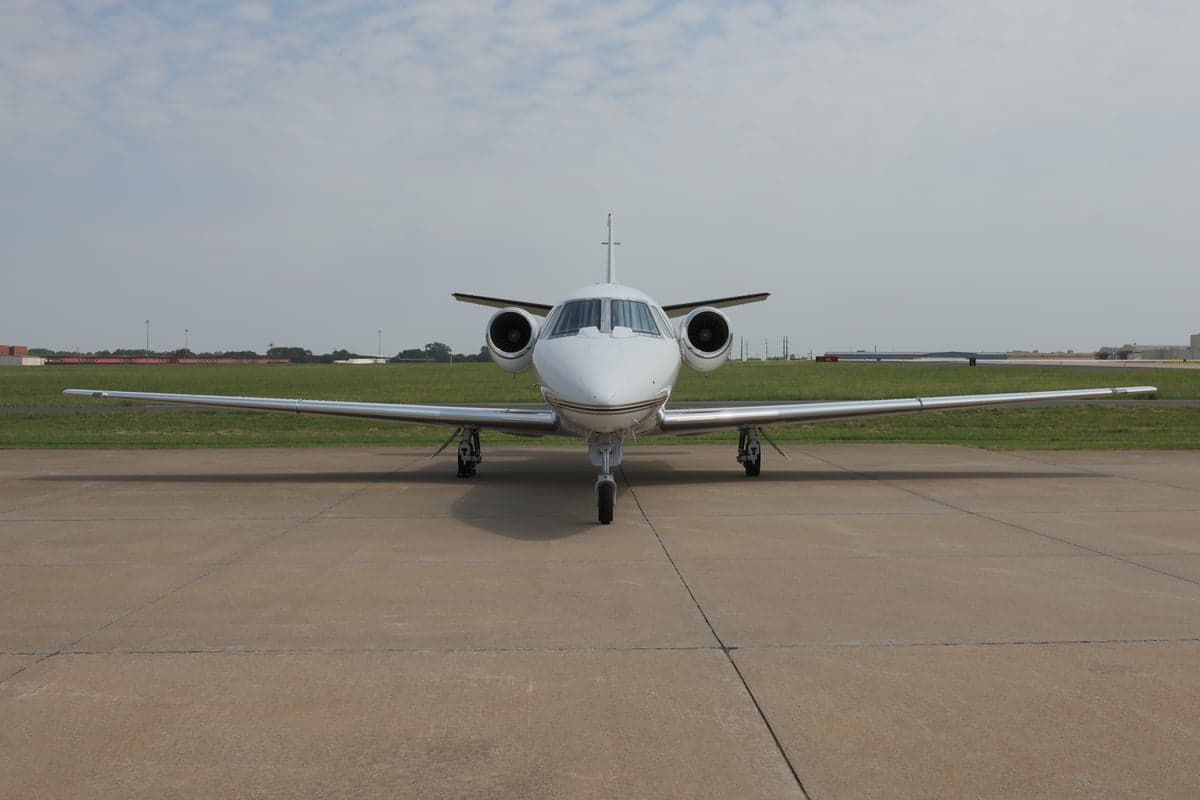 Front view of a Citation XLS+ aircraft on the tarmac.