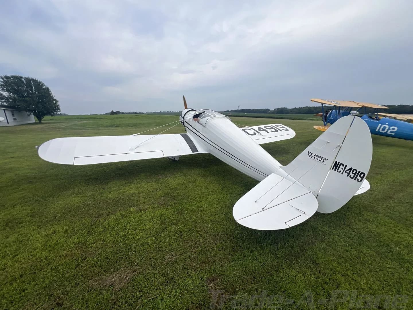 A white Stits SA-3A taildragger parked on a grassy field.
