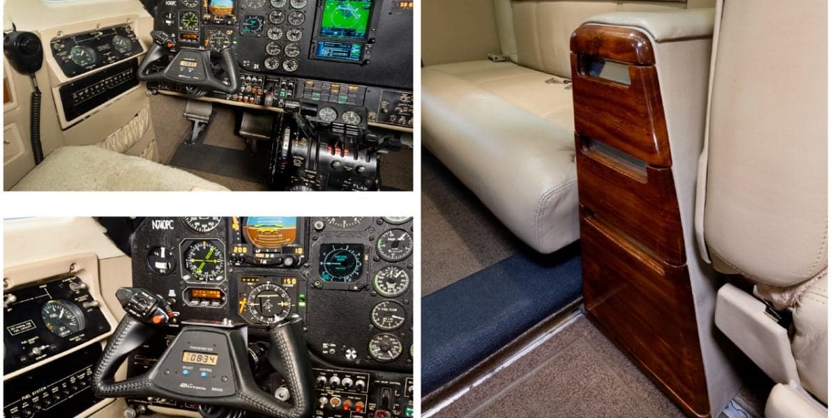 A collage showing two views of the Beechcraft King Air N508SK cockpit and a close-up of a wooden interior panel.