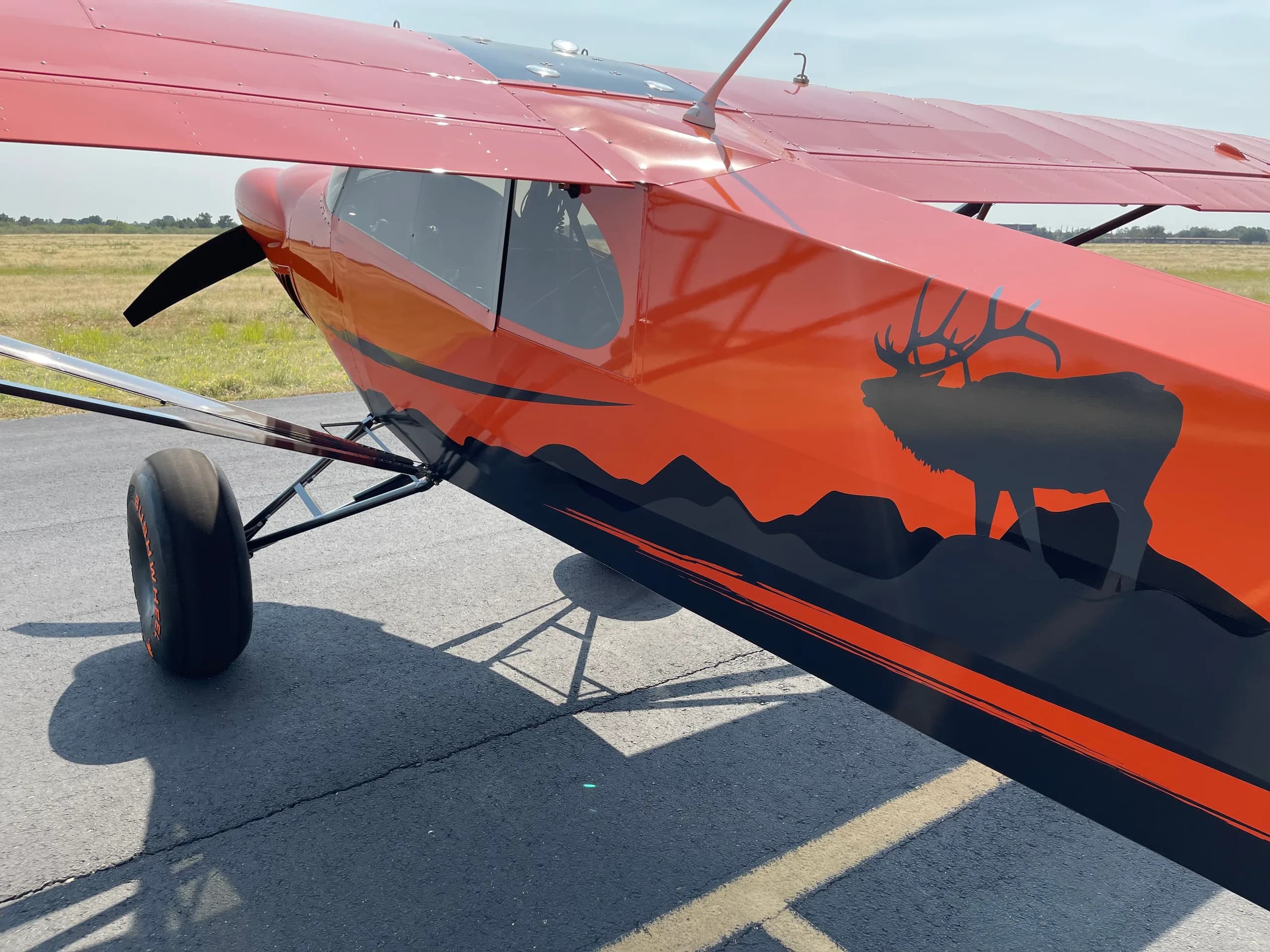 A close-up view of the rear fuselage and tail of the orange and black Carbon Cub FX-3 aircraft, featuring an elk silhouette.