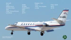 A Cessna 550B Citation Bravo aircraft in flight with registration S5-BBL.