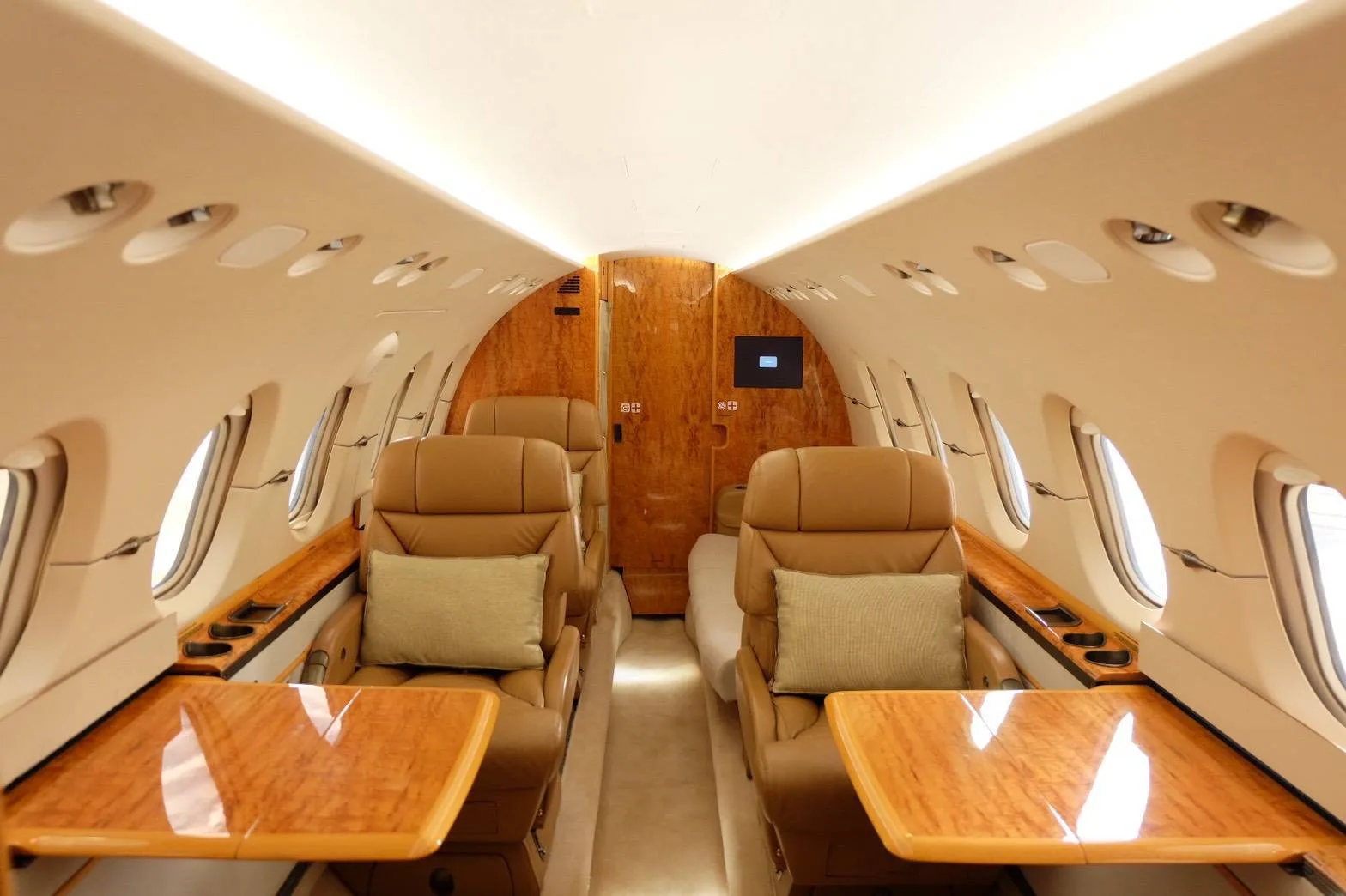 Interior view of the aircraft cabin with leather seats and wood tables.