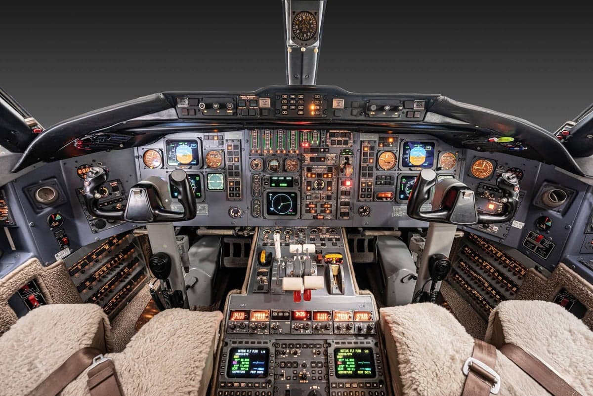 View of the aircraft cockpit and instrument panel.